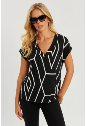 Kadın Siyah V Yaka Desenli Bluz AYD320