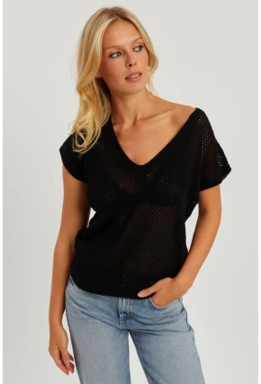 Kadın Siyah V Yaka Fileli Bluz SMT230