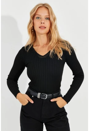 Kadın Siyah V Yaka Fitilli Triko Bluz SMT216