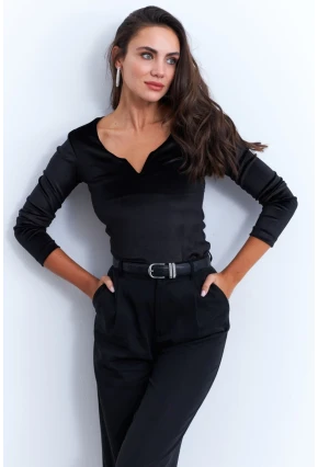 Kadın Siyah V Yaka Kadife Bluz EY2965
