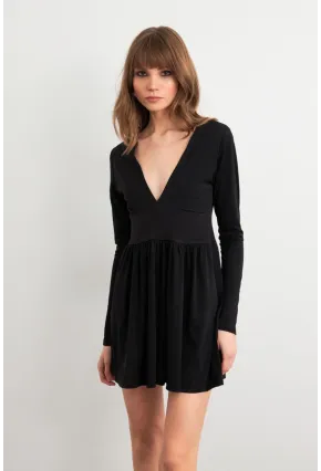 Kadın Siyah V Yaka Mini Elbise LİK17