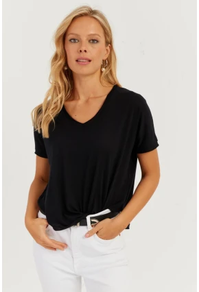 Kadın Siyah V Yaka Salaş T-Shirt LPP1271