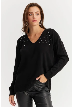Kadın Siyah V Yaka Taşlı İnce Triko Bluz YİL002