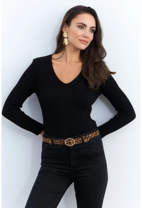 Kadın Siyah V Yaka Triko Bluz YV284