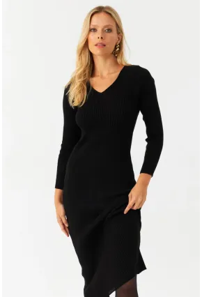 Kadın Siyah V Yaka Triko Midi Elbise MYİL560