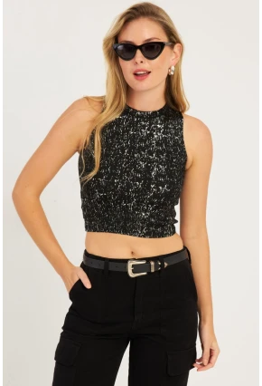 Kadın Siyah Varaklı Bluz KZ2509