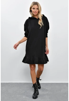 Kadın Siyah Volanlı Kapüşonlu Sweat Elbise B40
