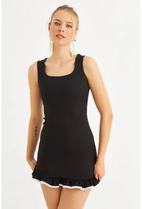 Kadın Siyah Volanlı Kare Yaka Mini Elbise FRY2297