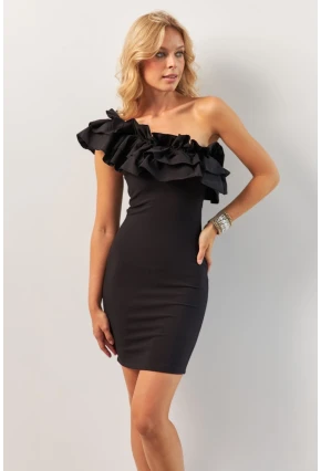 Kadın Siyah Volanlı Mini Elbise KED4294