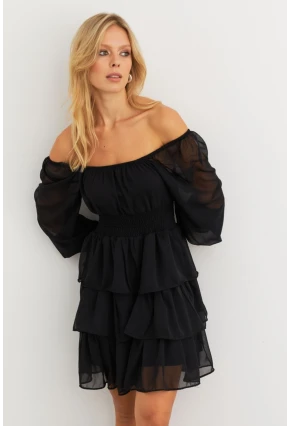 Kadın Siyah Volanlı Şifon Mini Elbise KSD2831