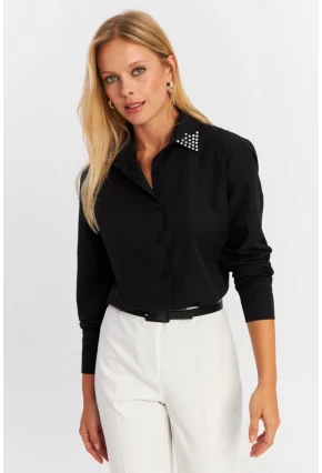 Kadın Siyah Yakası Taşlı Gömlek ZER413
