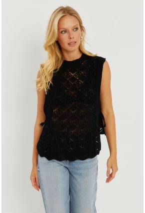 Kadın Siyah Yanları Bağlamalı Ajurlu Süveter YV226