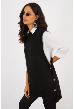 Kadın Siyah Yanları Düğmeli Kolsuz Triko Tunik MYV75