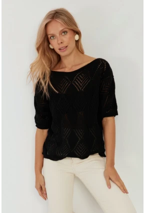 Kadın Siyah Yarasa Kol Ajurlu Triko Bluz YZ621