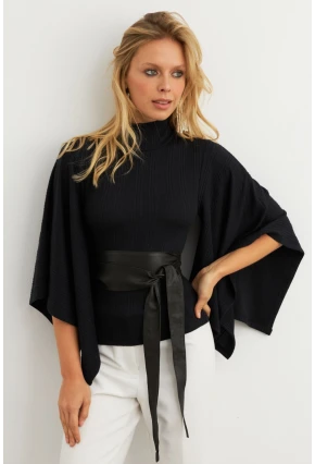 Kadın Siyah Yarasa Kol Balıkçı Bluz MTF32