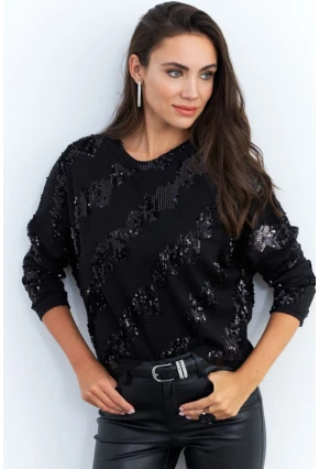 Kadın Siyah Yarasa Kol Payetli Triko Bluz PP6435