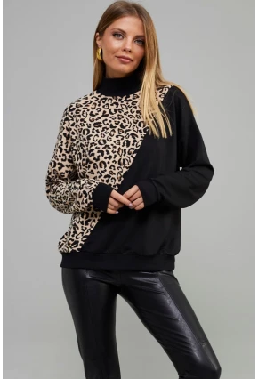Kadın Siyah Yarım Balıkçı Bloklu Leopar Sweatshirt Yİ1991