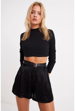 Kadın Siyah Yarım Balıkçı Crop Bluz CG113