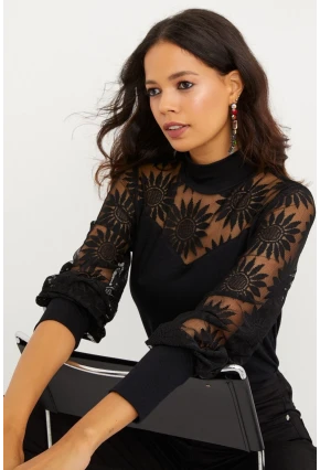 Kadın Siyah Yarım Balıkçı Dantelli Bluz BK1272