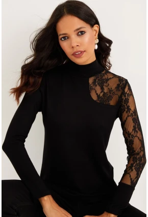 Kadın Siyah Yarım Balıkçı Dantelli Bluz BK1276