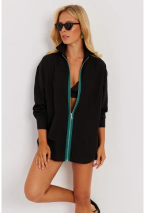 Kadın Siyah Yeşil Fermuarlı Uzun Gömlek SF1317