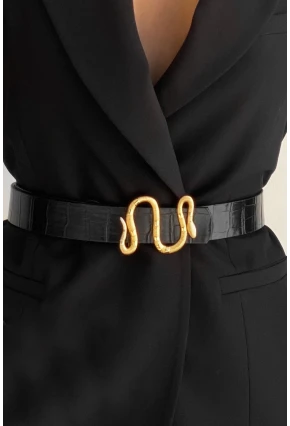 Kadın Siyah Yılan Tokalı Kemer BE609