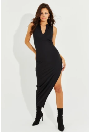 Kadın Siyah Yırrtmaçlı Fermuarlı Maxi Elbise YEL83