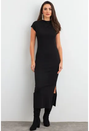 Kadın Siyah Yırtmaçlı Basic Midi Elbise AYD408