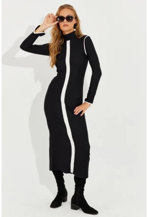 Kadın Siyah Yırtmaçlı Biyeli Midi Elbise RMZ1000