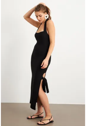 Kadın Siyah Yırtmaçlı Bürümcük Midi Elbise EY3098