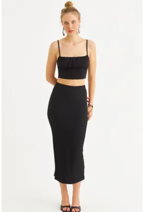 Kadın Siyah Yırtmaçlı Bürümcük Midi Etek ZH329