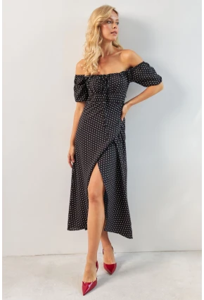 Kadın Siyah Yırtmaçlı Desenli Midi Elbise KED0243