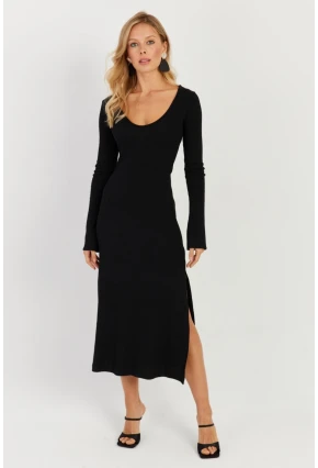 Kadın Siyah Yırtmaçlı Kaşkorse Midi Elbise EY2702