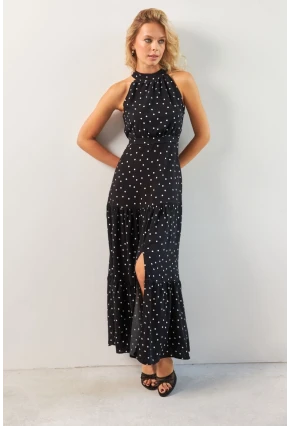 Kadın Siyah Yırtmaçlı Puantiyeli Midi Elbise KED4233