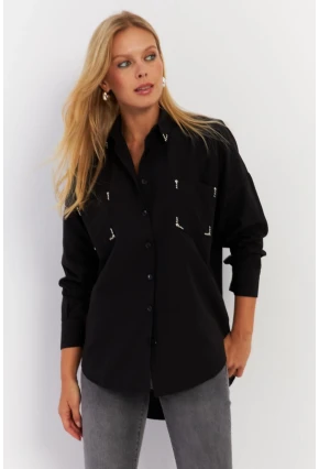 Kadın Siyah Zımbalı Gömlek MASF2