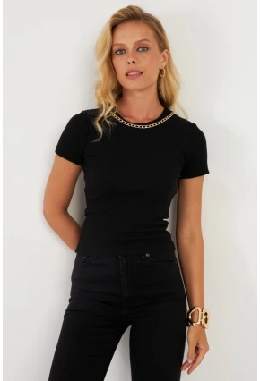 Kadın Siyah Zincir Aksesuarlı Bluz XL2020
