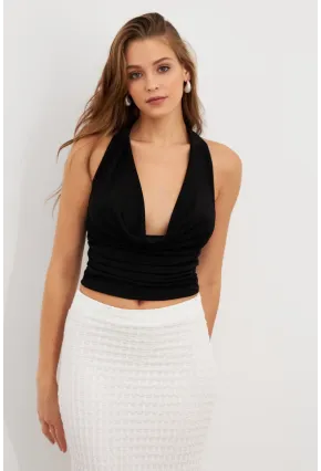Kadın Siyah Zincir Aksesuarlı Degaje Yaka Bluz MTK13443