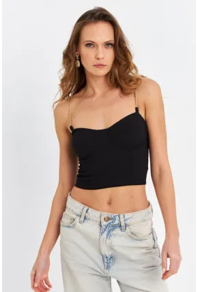Kadın Siyah Zincir Askılı Crop Bluz LİT100