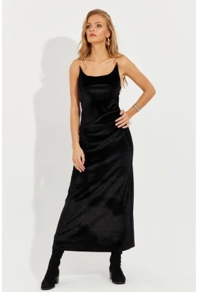 Kadın Siyah Zincir Askılı Kadife Midi Elbise B2851