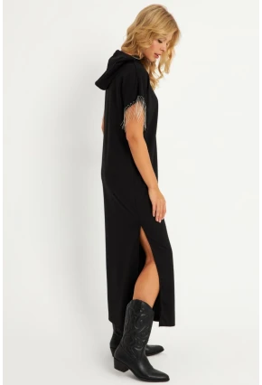 Kadın Siyah Zincir Detaylı Kapüşonlu Midi Elbise      EY2904