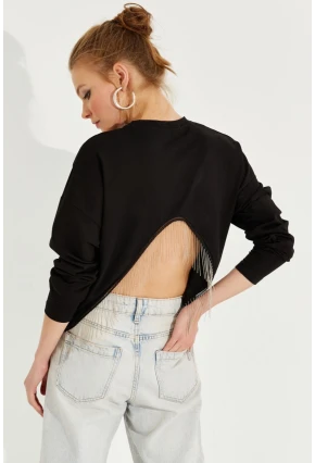Kadın Siyah Zincirli Asimetrik Sweatshirt EY2664