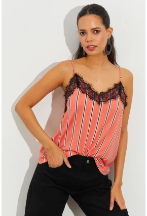 Kadın Somon Dantelli Çizgili Atlet LPP1223