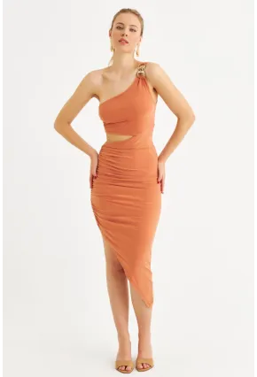 Kadın Somon Drapeli Dekolteli Midi Elbise SDY1264