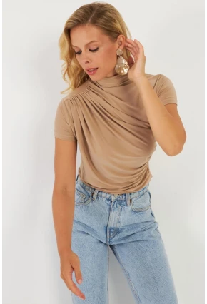 Kadın Sütlü Kahve Büzgülü Bluz LPP1287