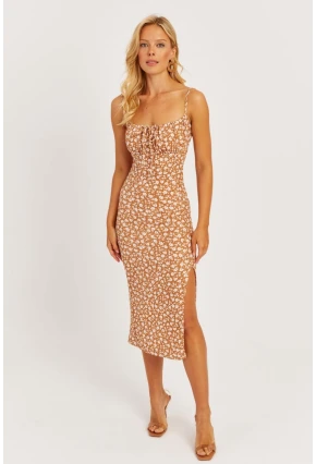 Kadın Sütlü Kahve İnce Askılı Midi Elbise MON125