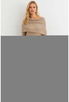 Kadın Sütlü Kahve Madonna Yaka Triko Tunik Elbise KAZ36