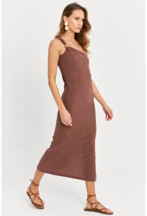 Kadın Sütlü Kahve Omuz Aksesuarlı Kolsuz Midi Elbise MOD2400