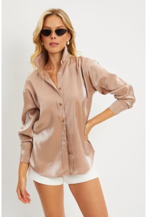 Kadın Sütlü Kahve Parlak Gömlek MQRS8022