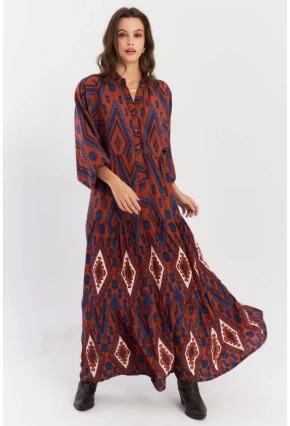 Kadın Taba Desenli Volanlı Maxi Dokuma Elbise ALO339