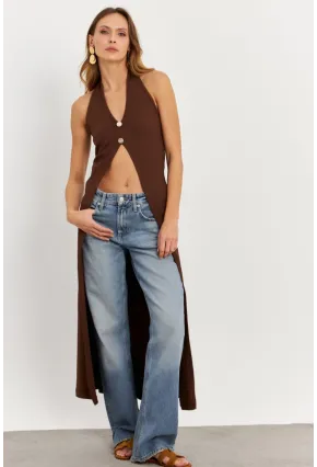 Kadın Taba Düğme Detaylı Uzun Yelek EY3048